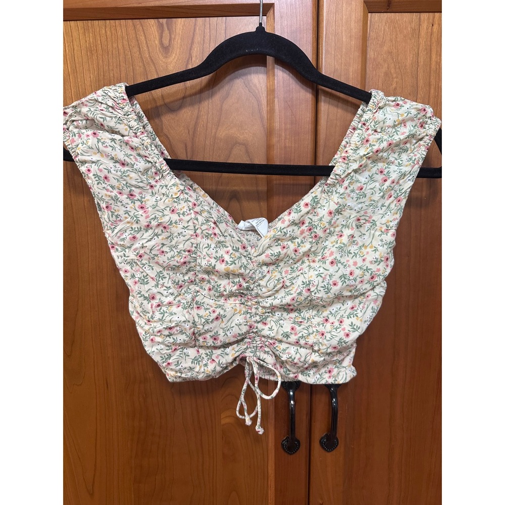 Japna Women  Floral Ruched Front Smocked‎ Back Crop Top Cream Pink Ditsy Woven S
